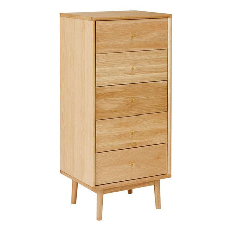 Fishe and Lilly Tallboy Chest of Drawers with five spacious drawers in natural wood finish