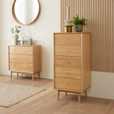 Fishe and Lilly tallboy chest of drawers in natural wood finish with five spacious drawers