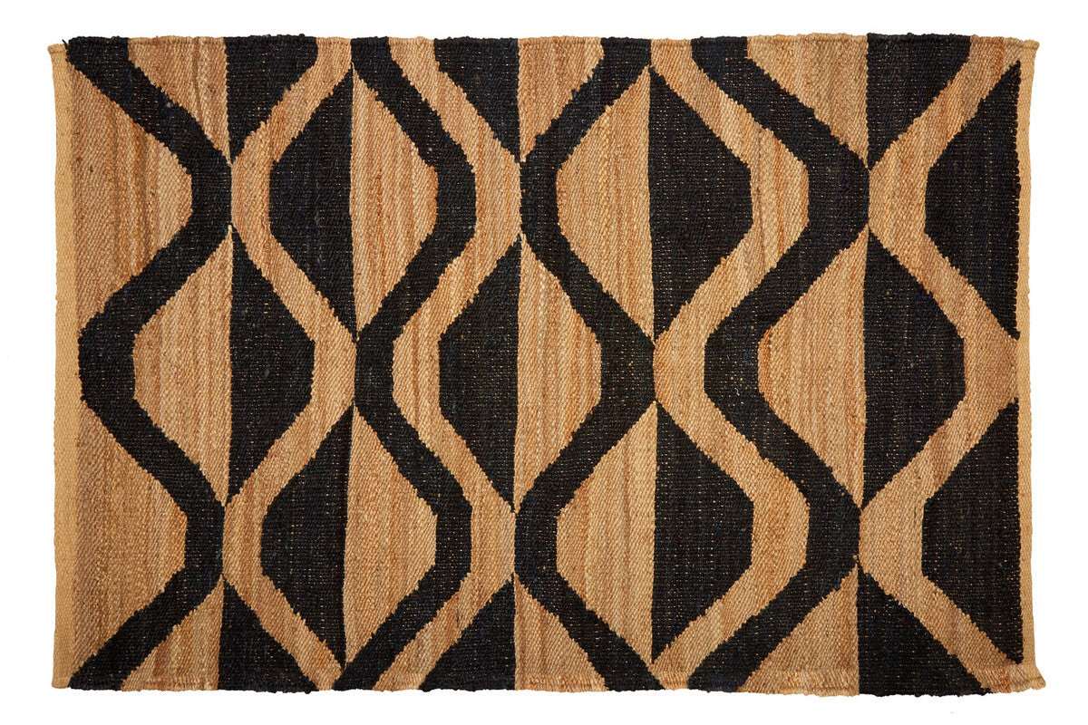 Orsina Handwoven Hemp Rug in Bold Geometric Design with Natural and Black Stripes