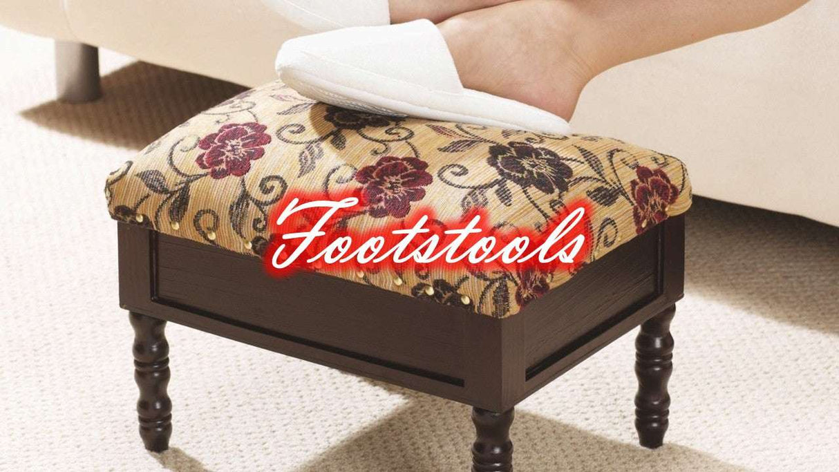 Orsina Leather Footstool with Floral Pattern Upholstery and Elegant Wooden Legs