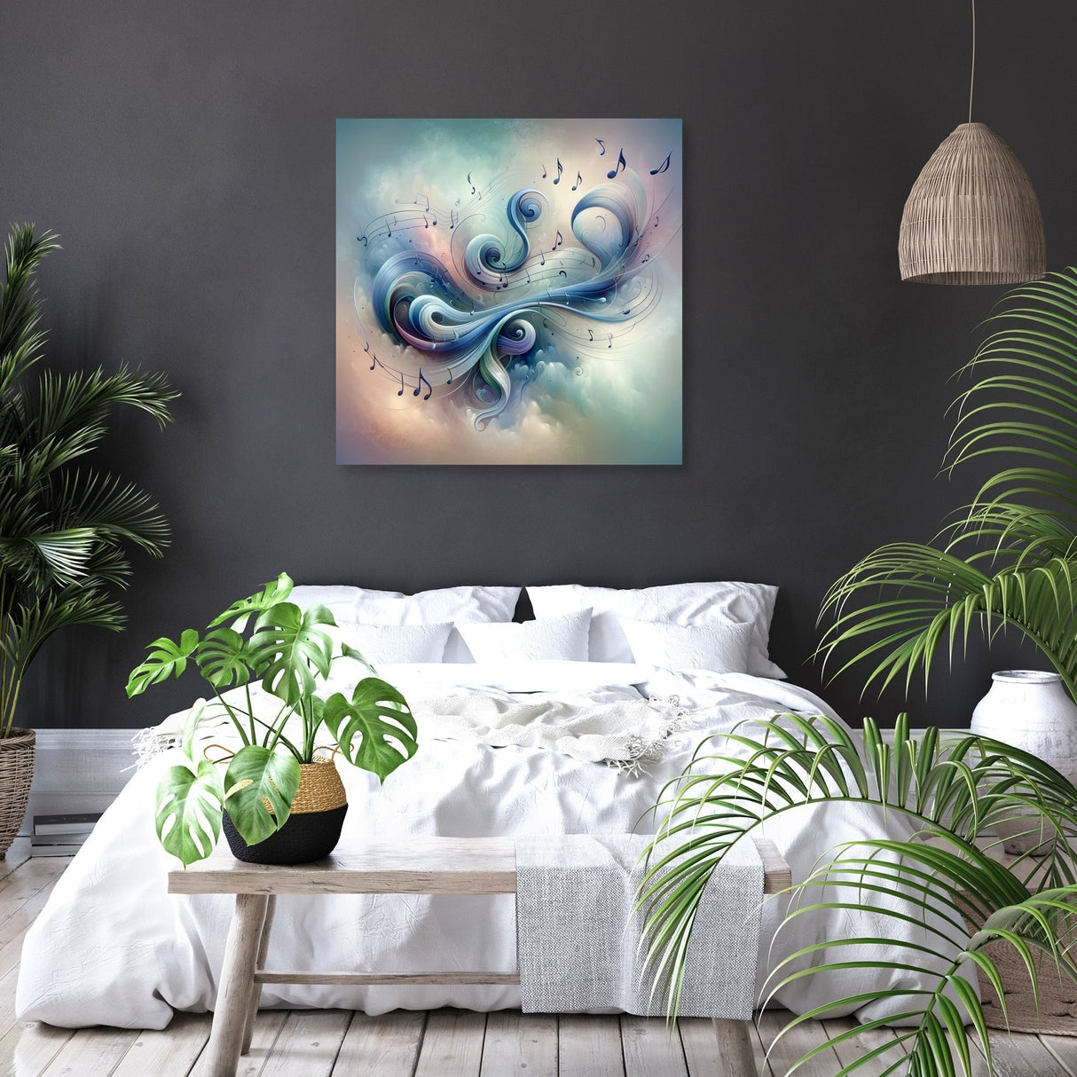 Abstract Wall Art Canvas featuring musical designs, perfect for enhancing bedroom decor