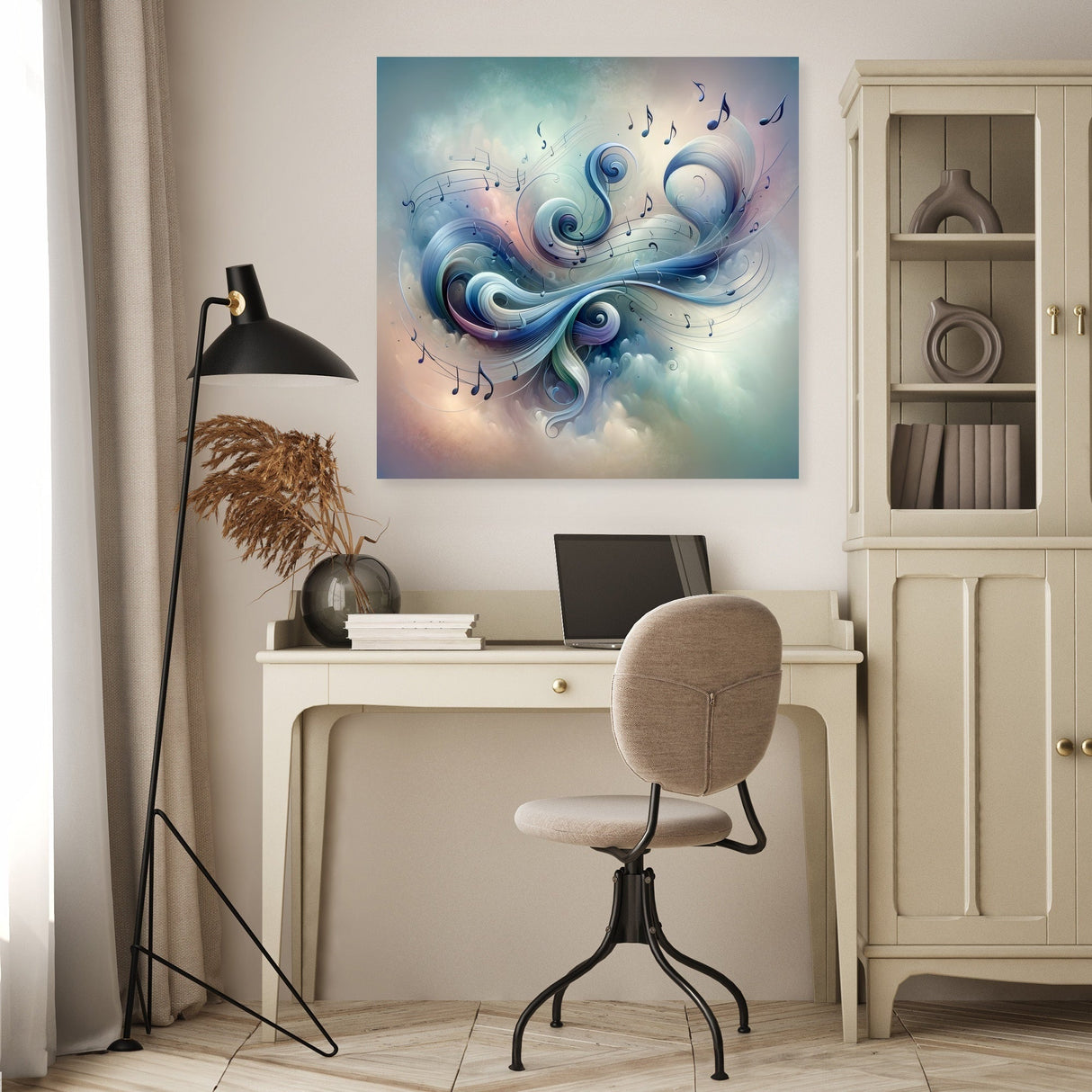 Colourful abstract Wall Art Canvas featuring musical notes, decorating a modern home office