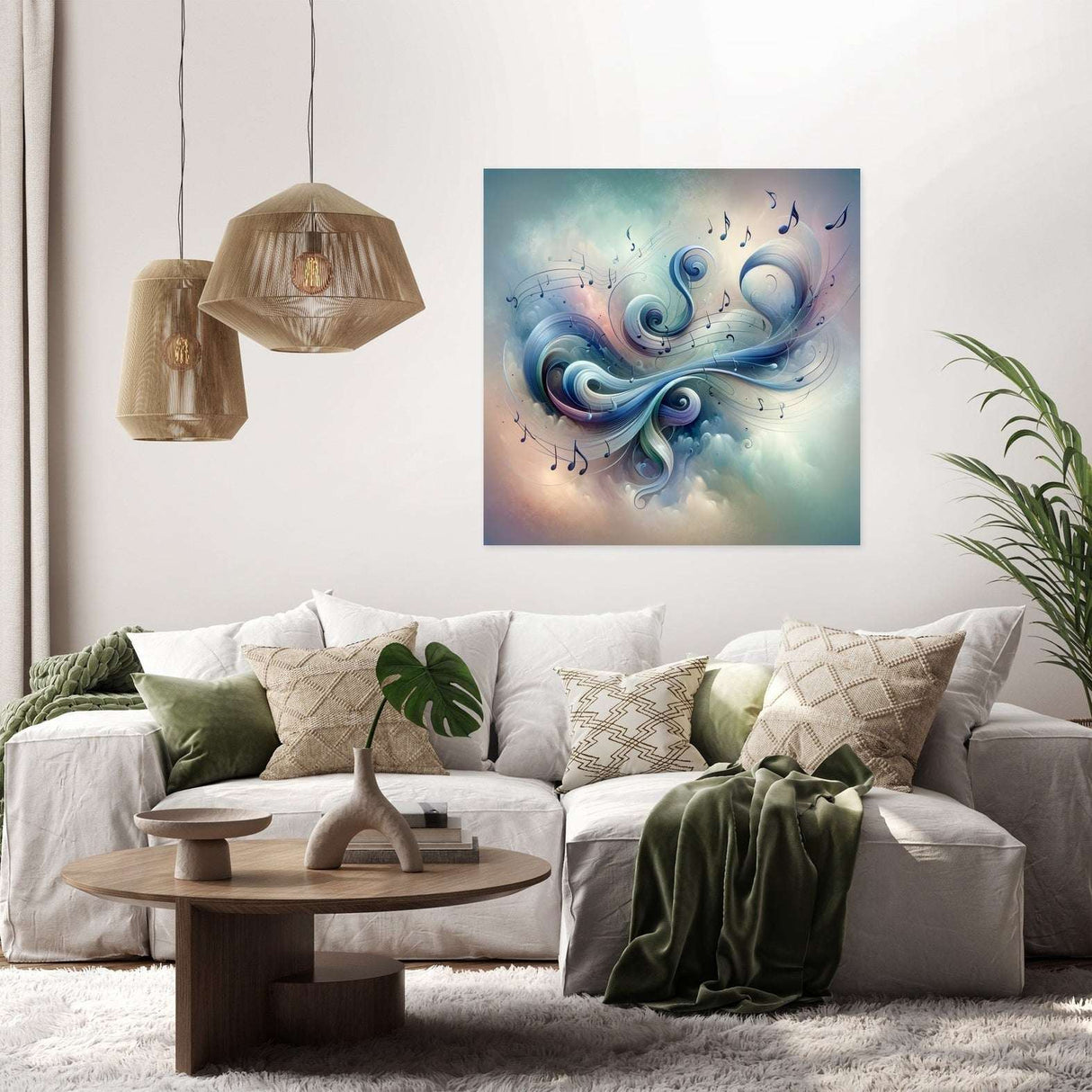 Beautiful abstract wall art canvas featuring swirling colours and musical notes for modern home decor