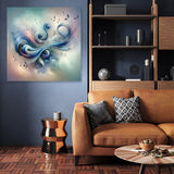 Abstract Wall Art Canvas featuring swirling music notes in soft blue and cream tones for modern decor