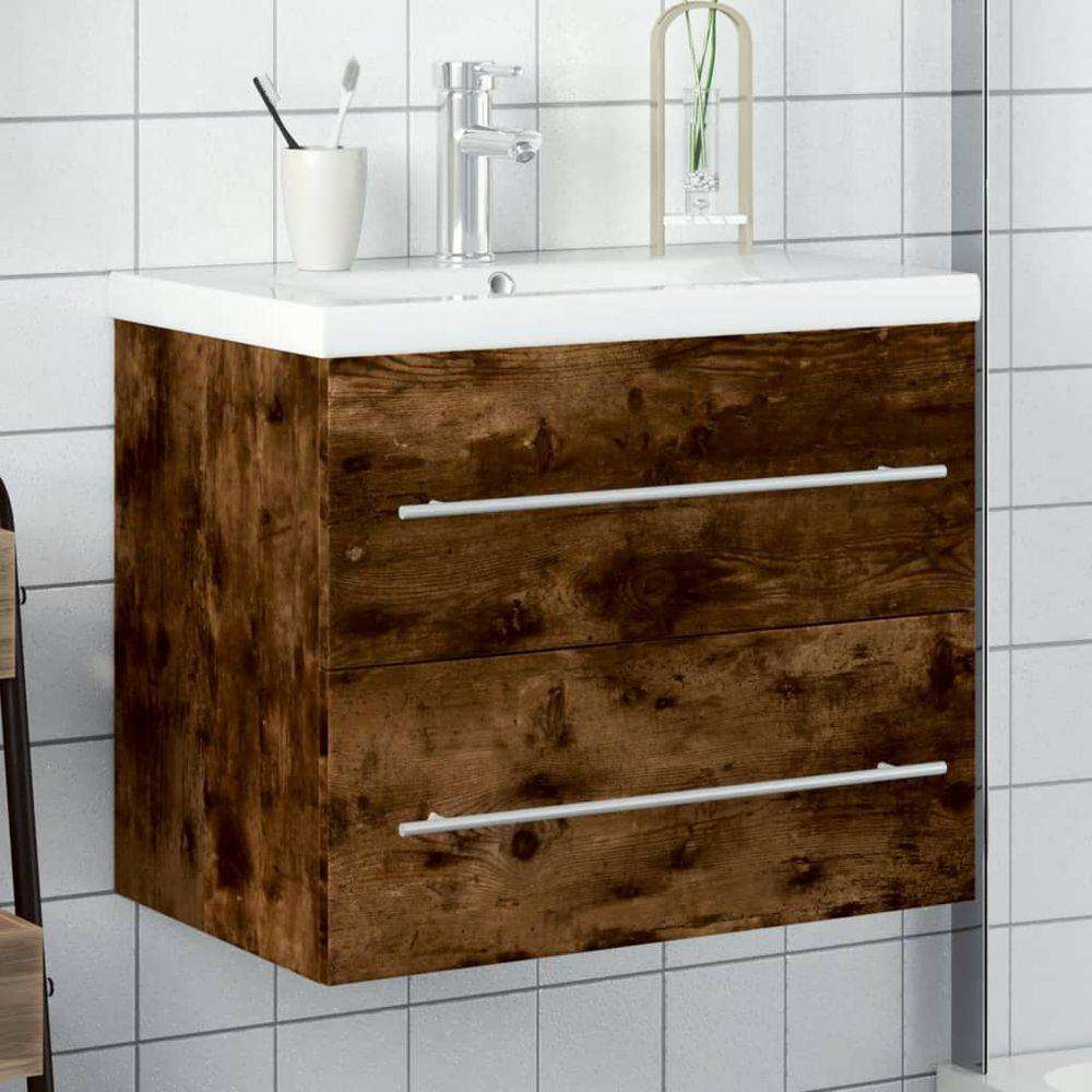 vidaXL Bathroom Sink Cabinet with Built-in Basin Smoked Oak vidaXL