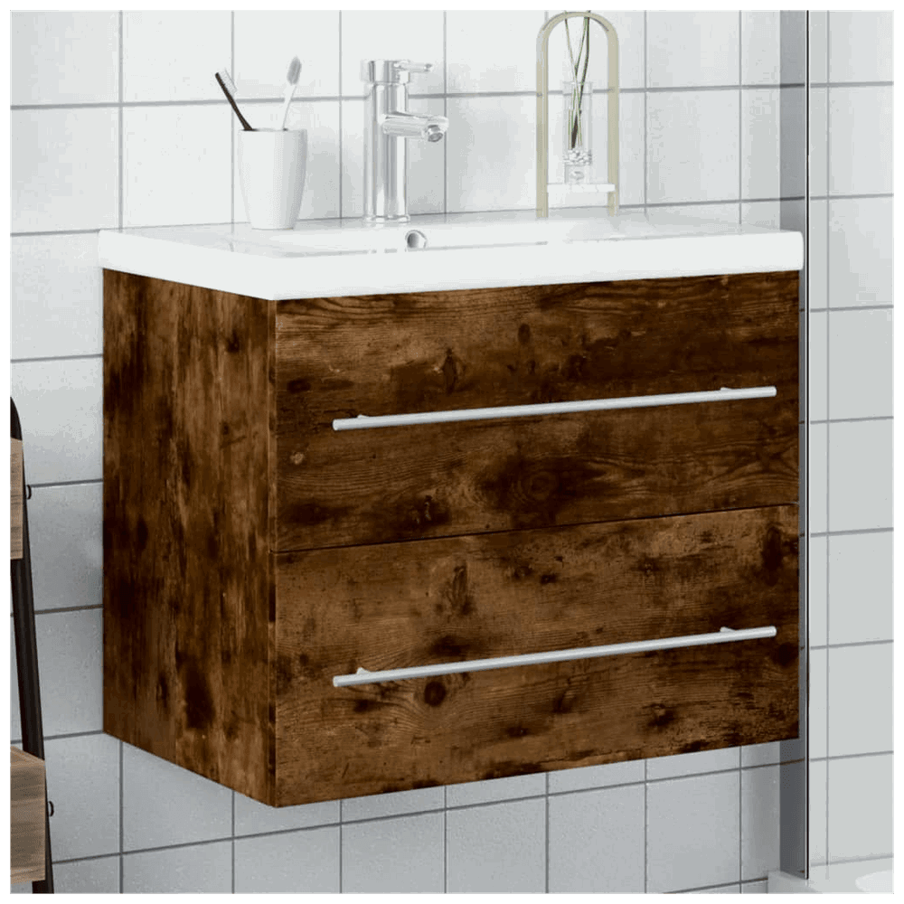 vidaXL Bathroom Sink Cabinet with Built-in Basin Smoked Oak vidaXL