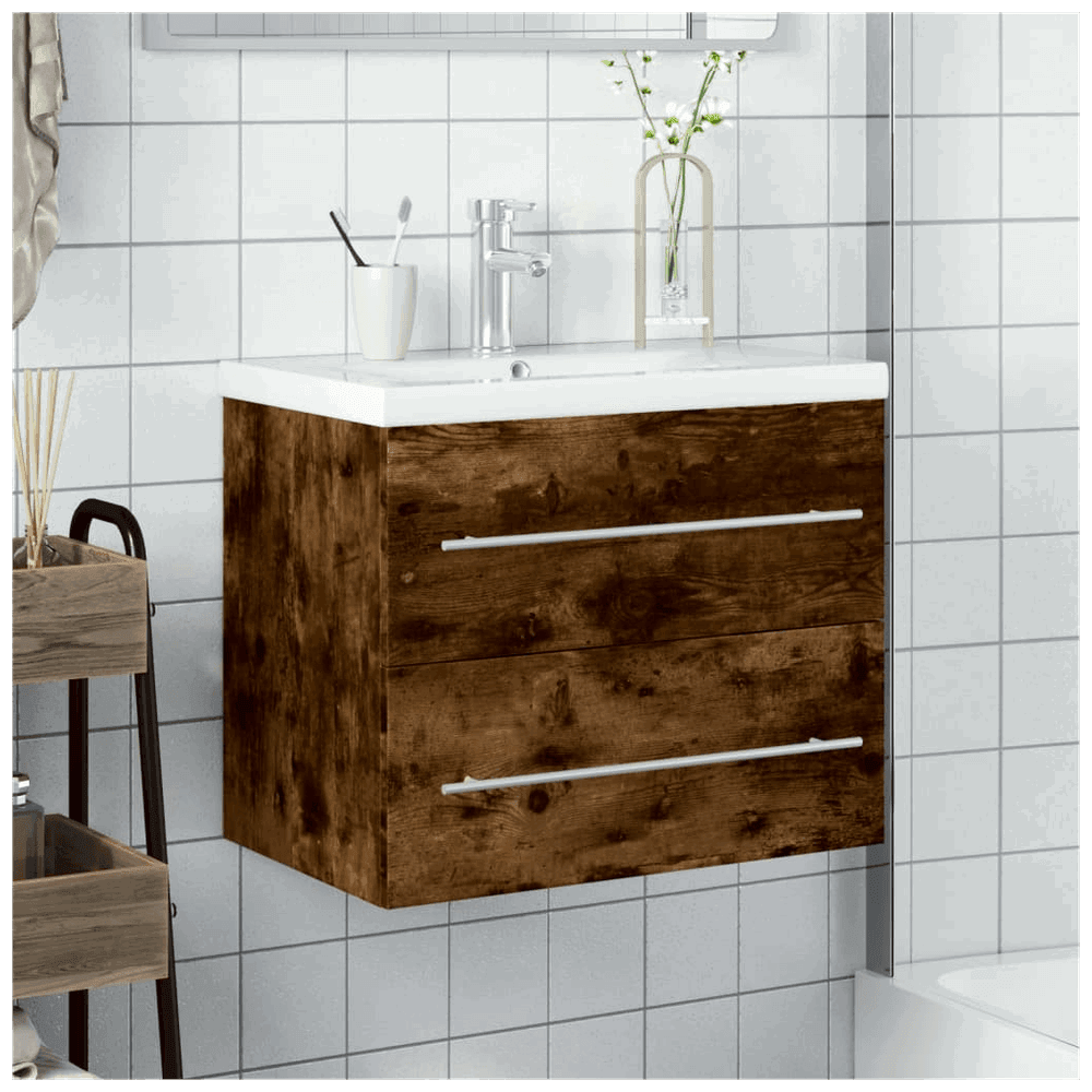 vidaXL Bathroom Sink Cabinet with Built-in Basin Smoked Oak vidaXL