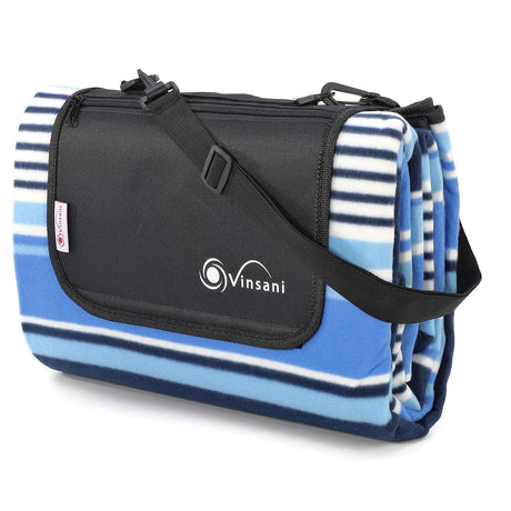 Vinsani Folding Picnic Blanket - Waterproof, Carry Strap Blue stripe Vinsani