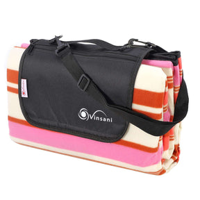 Vinsani Folding Picnic Blanket - Waterproof, Carry Strap Pink stripe Vinsani