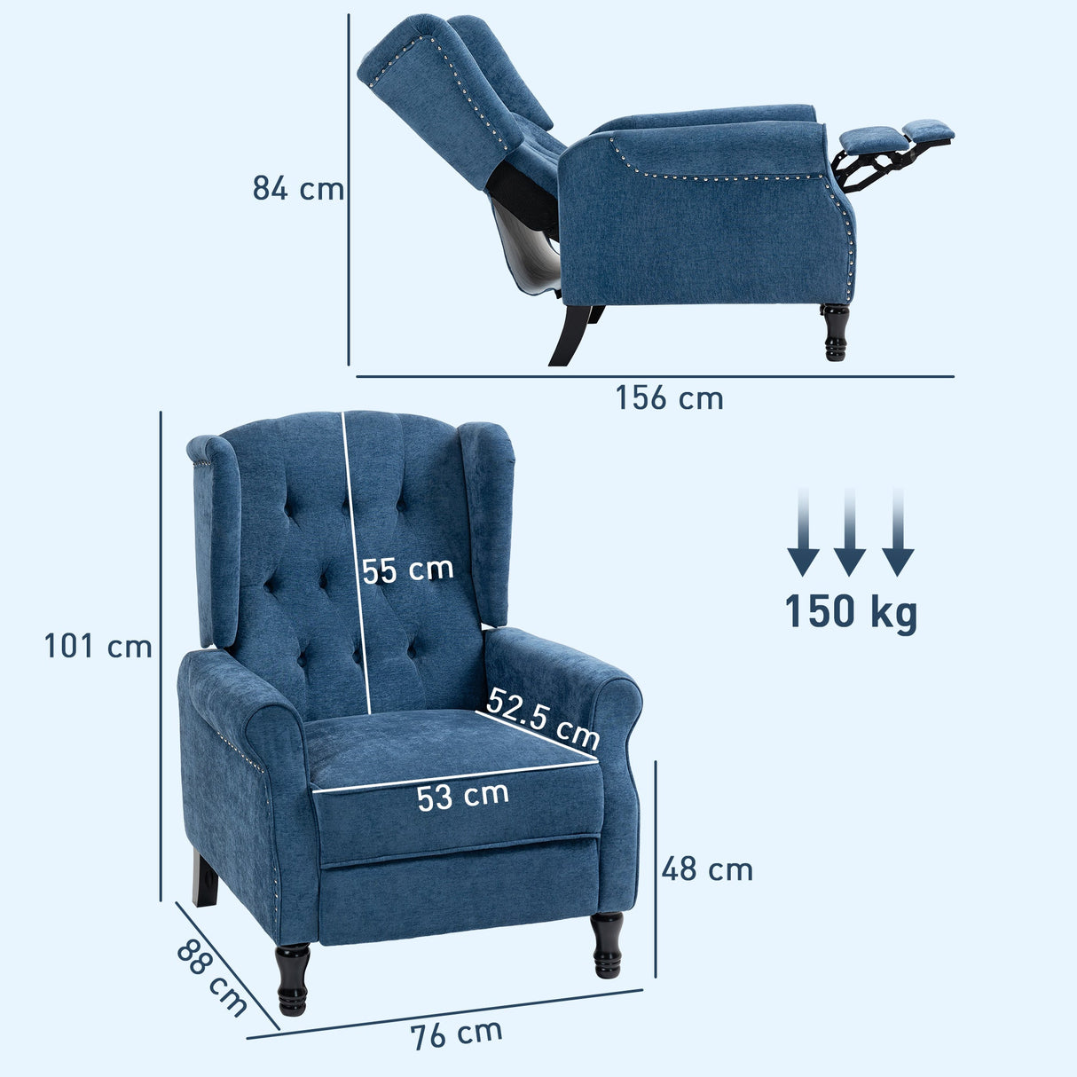Wise Galleria Vintage Armchair with Reclining Feature and Elegant Tufted Design in Blue Fabric
