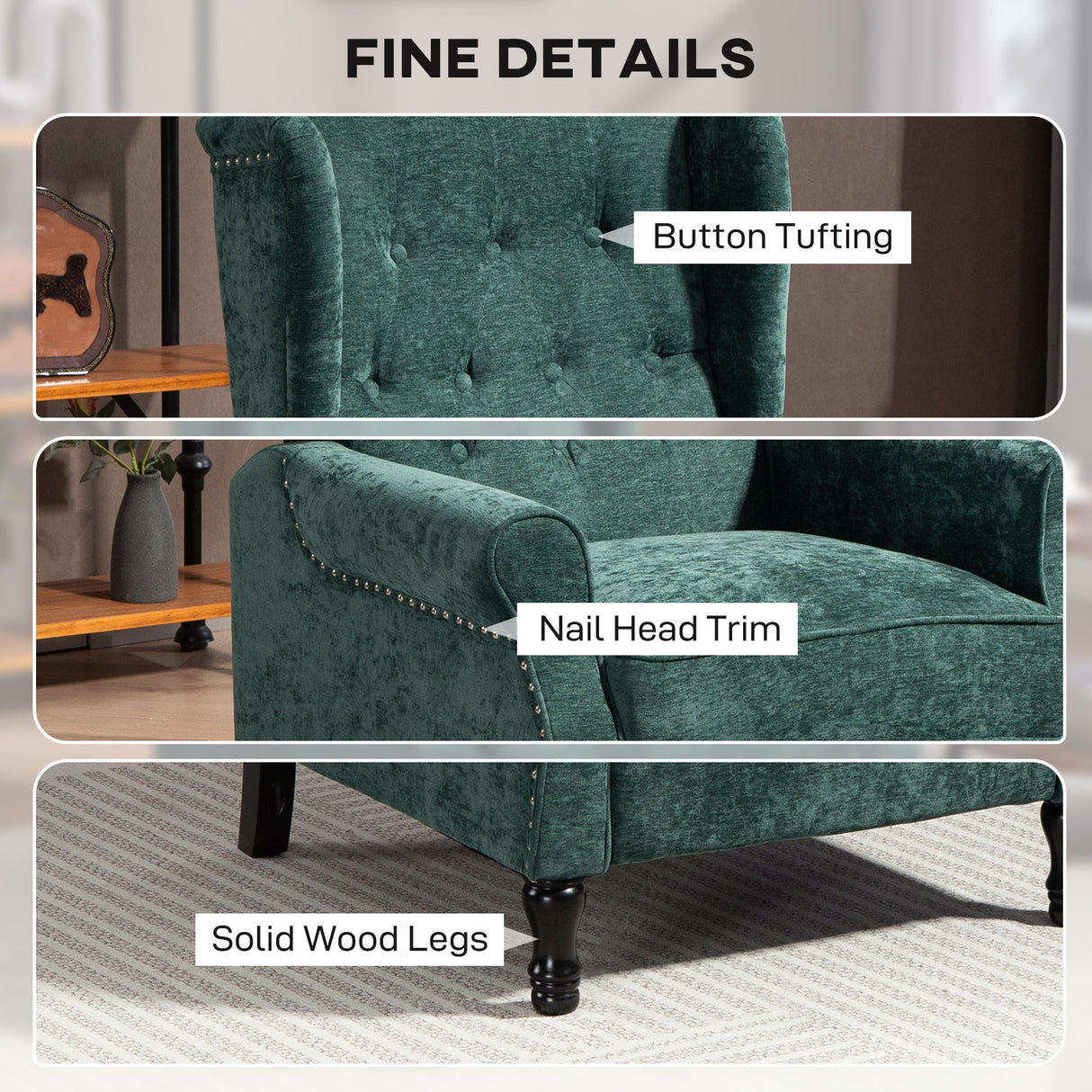 Vintage Armchair with button tufting, nail head trim, and solid wood legs for classic elegance