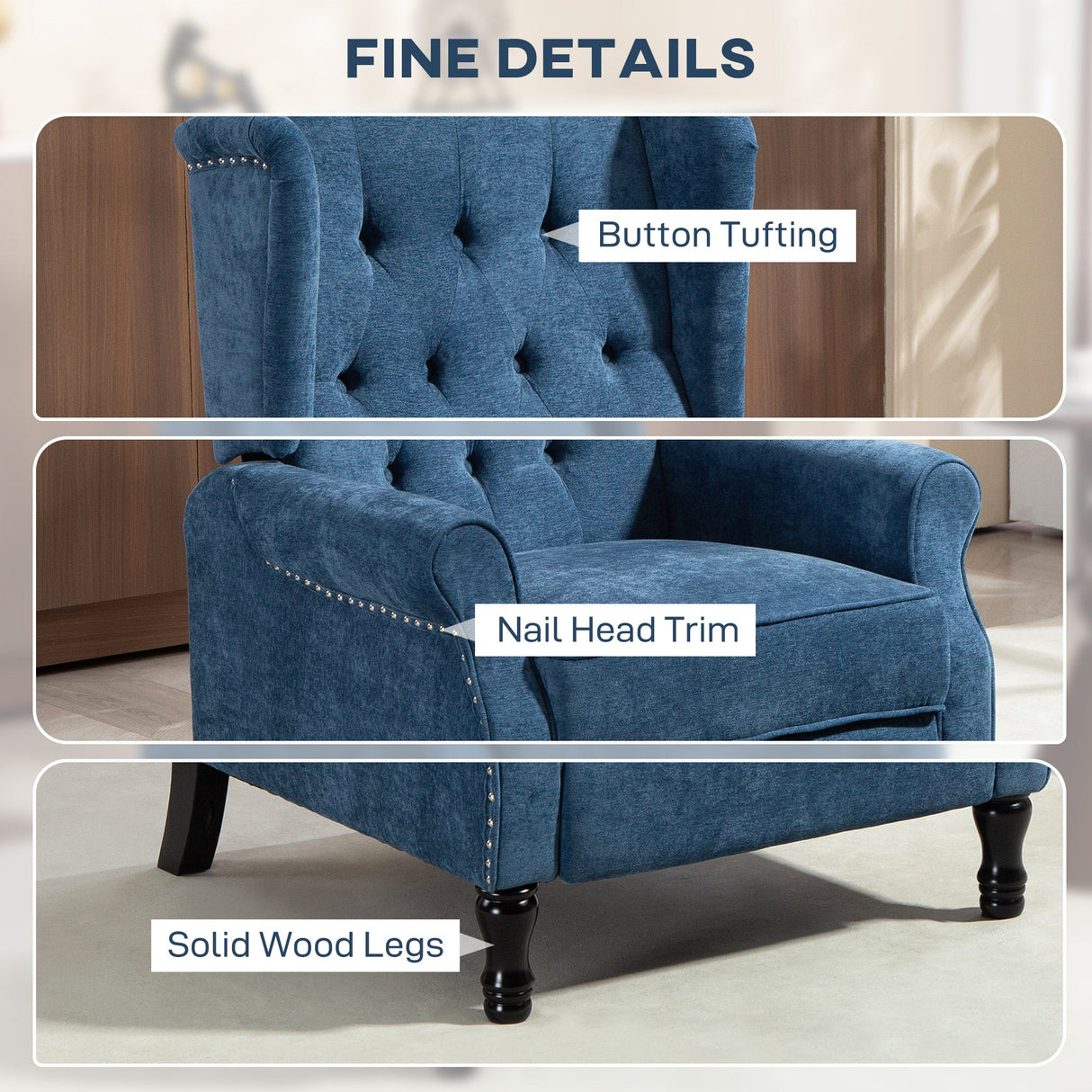 Vintage Armchair with button tufting, nail head trim, and solid wood legs for a classic touch