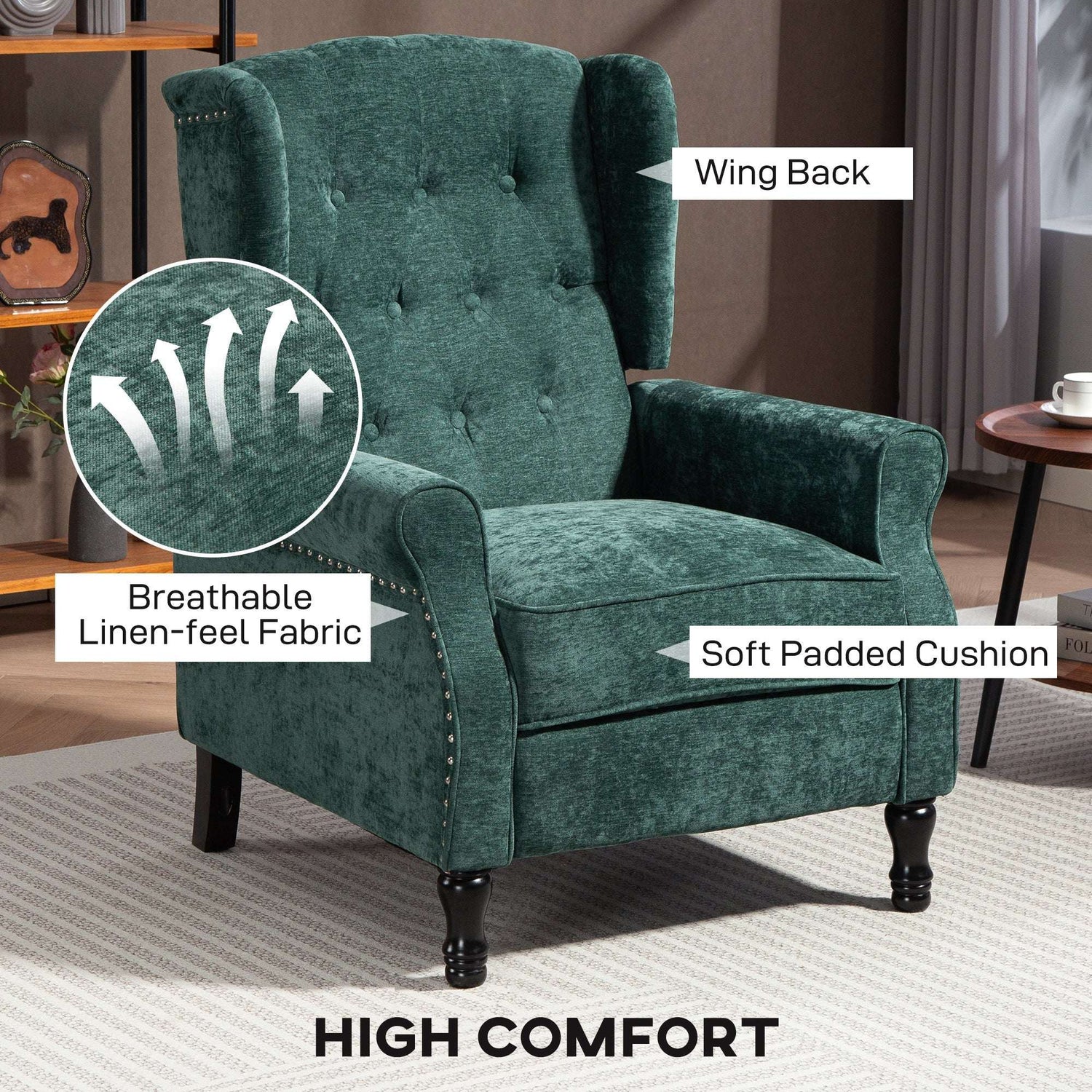 Vintage Armchair in green with breathable linen-feel fabric and soft padded cushion for high comfort