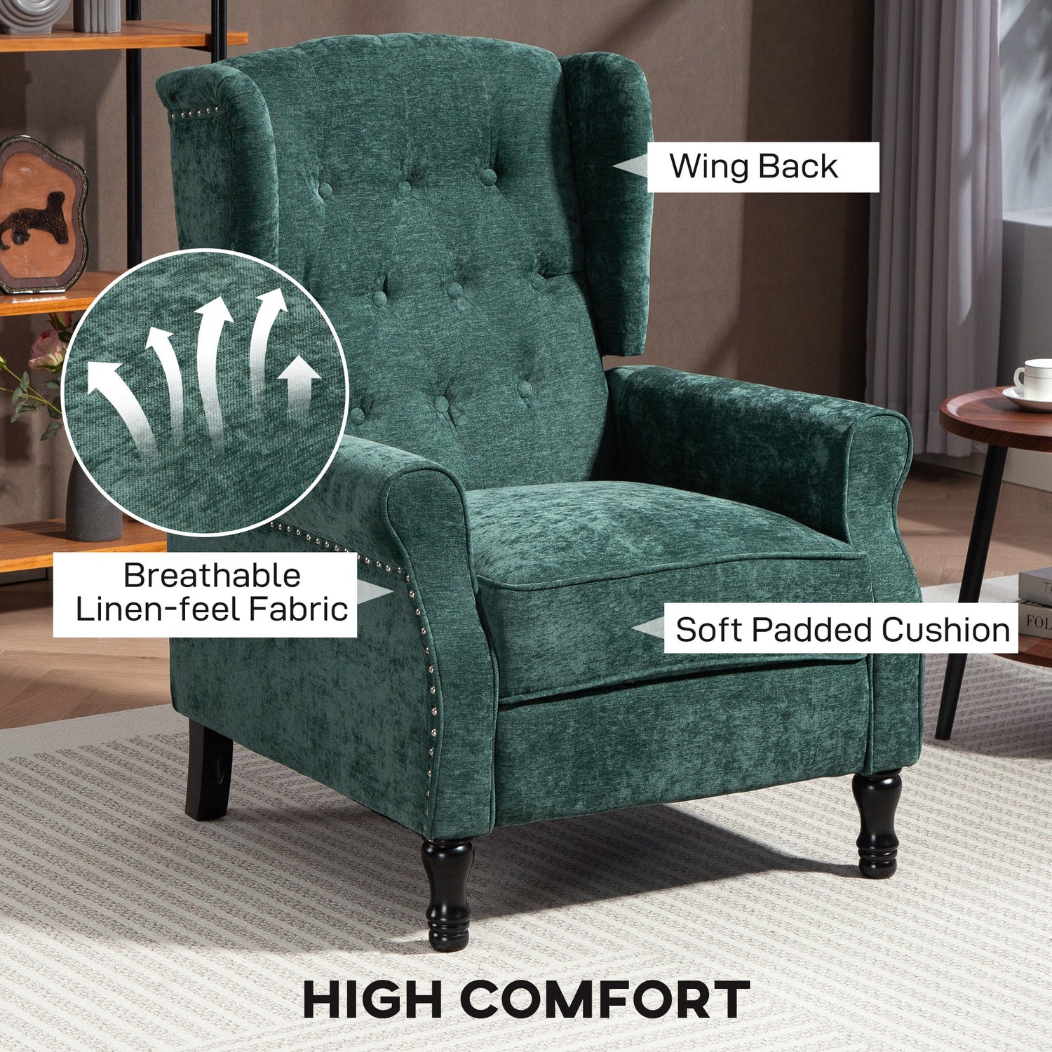 Vintage Armchair in green with breathable linen-feel fabric and soft padded cushion for high comfort