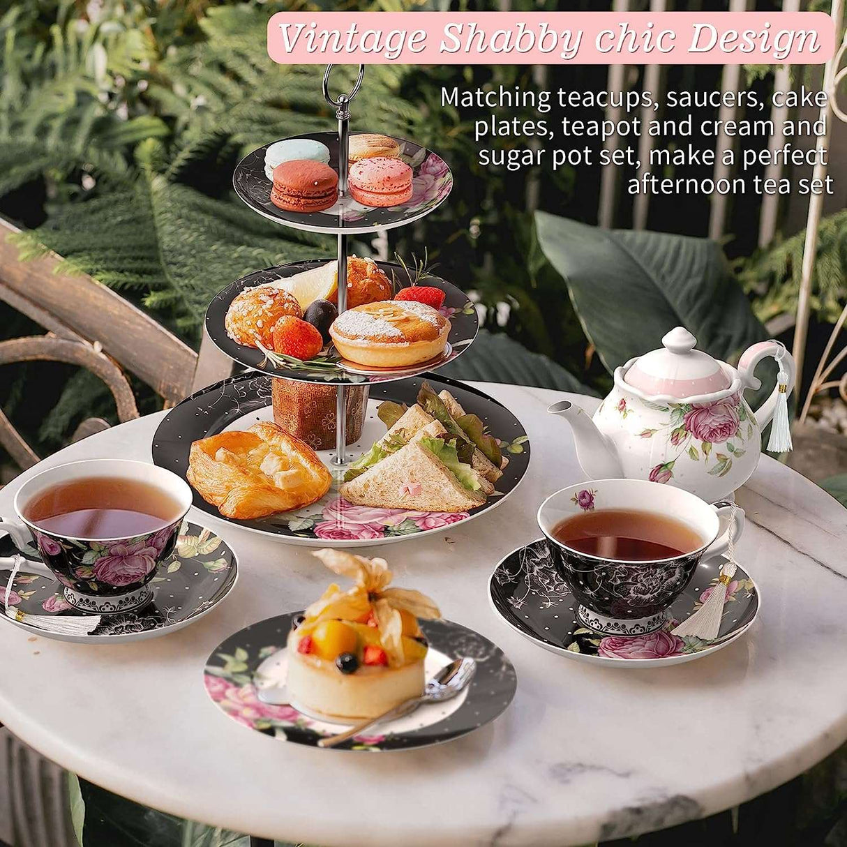 Vintage shabby chic cake stand with matching teacups and plates for an elegant afternoon tea experience