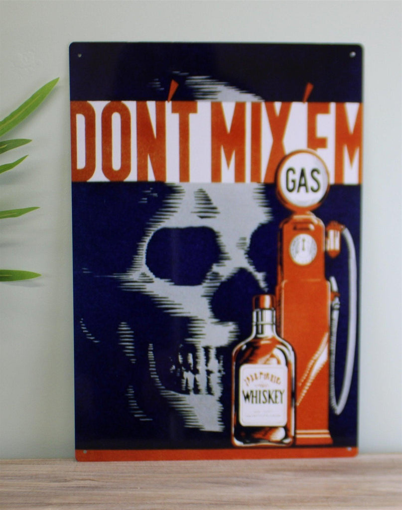 Vintage Metal Sign - Retro Advertising - Skull Gas Whiskey Geko Products