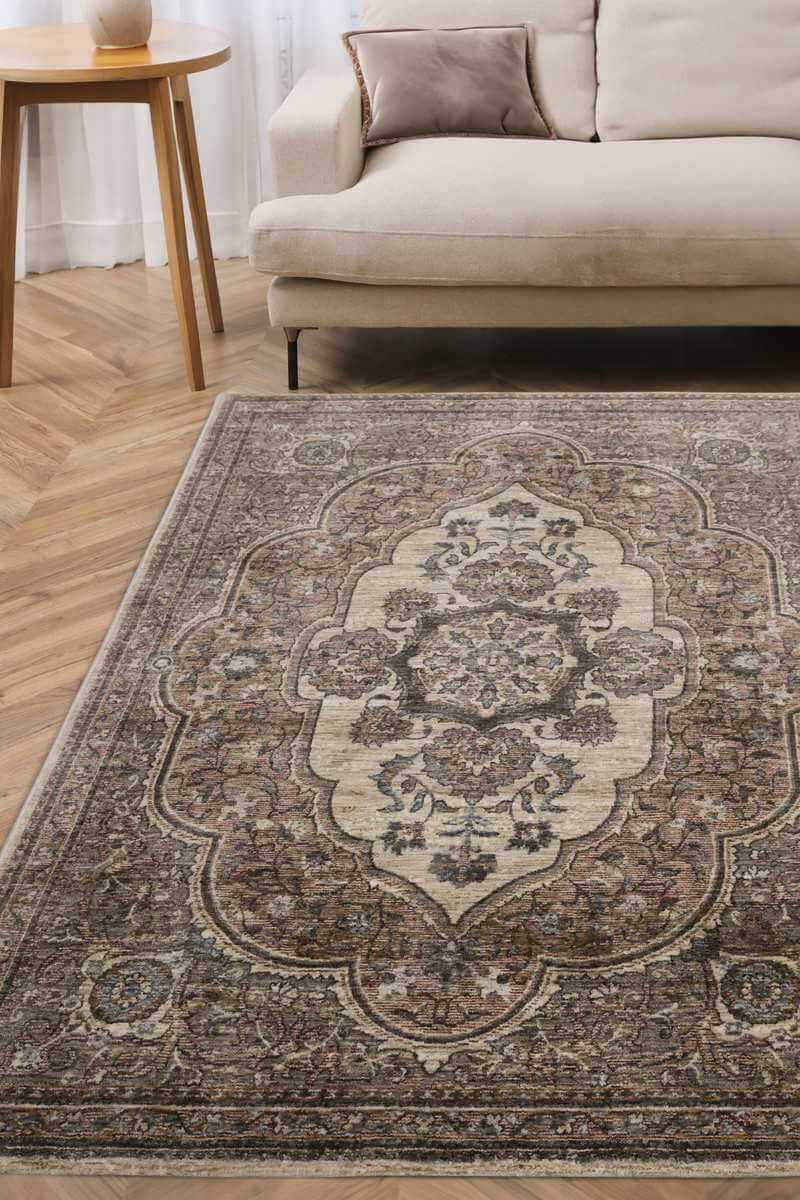 Elegant Vintage Rug with intricate floral design, complementing a neutral living room setting