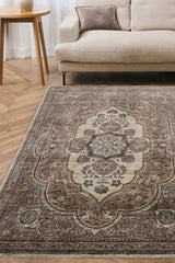 Elegant Vintage Rug with intricate floral design, complementing a neutral living room setting