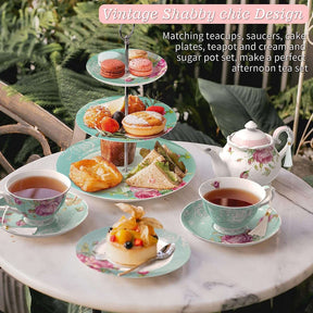 Vintage Shabby Chic Cake Stand with Teacups and Plates for Elegant Afternoon Tea Set