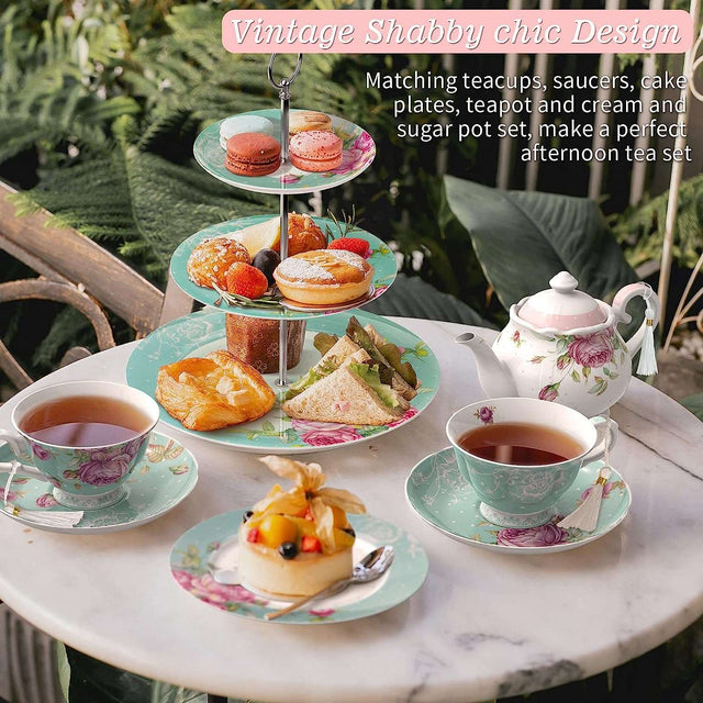 Vintage Shabby Chic Cake Stand with Teacups and Plates for Elegant Afternoon Tea Set