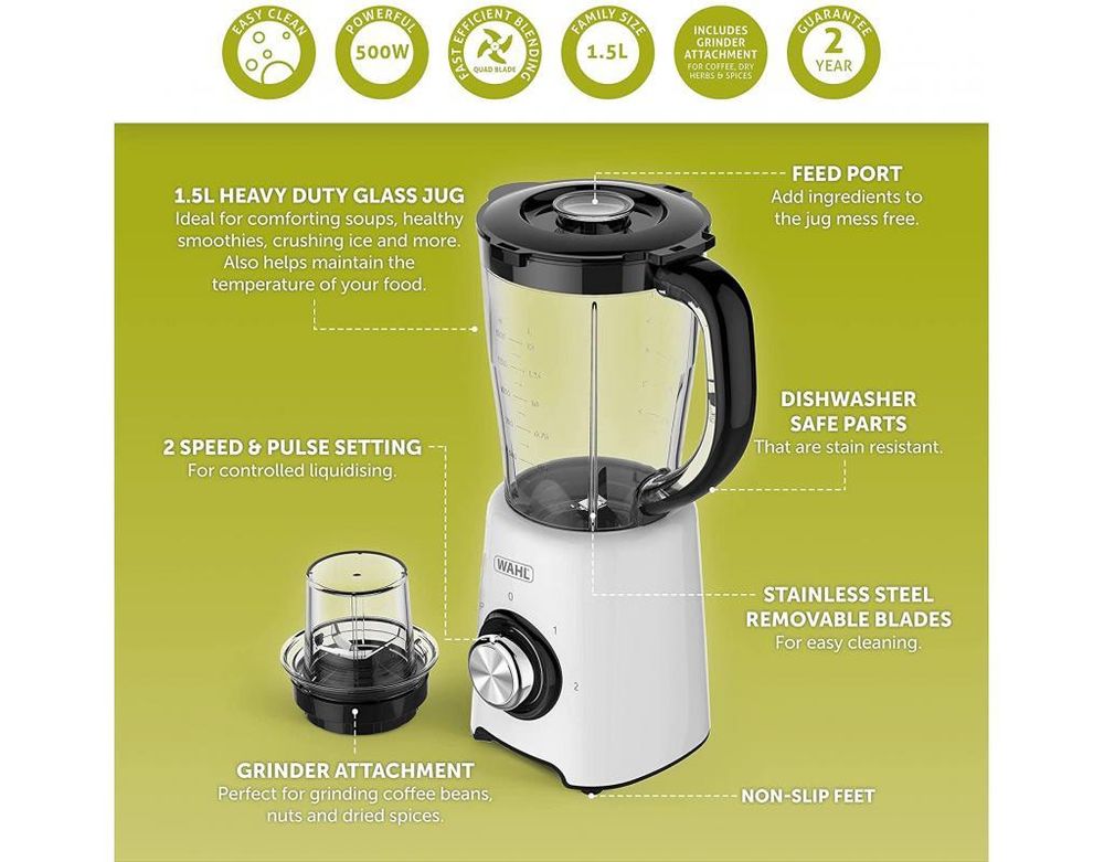 Wahl 500W 1.5L Table Blender with Grinder Attachment- ZY122 Wahl