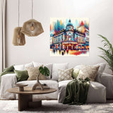 Vibrant Wall Art Canvas depicting an artistic cityscape in a stylish living room setting