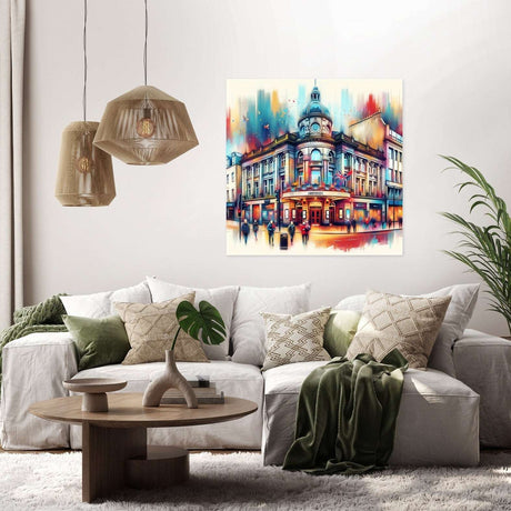 Vibrant Wall Art Canvas depicting an artistic cityscape in a stylish living room setting