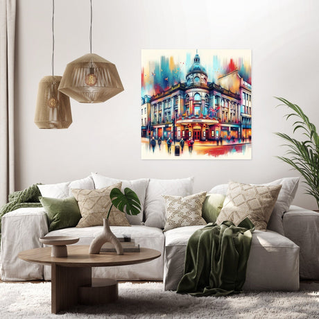 Vibrant Wall Art Canvas depicting an artistic cityscape in a stylish living room setting