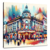 Vibrant Wall Art Canvas depicting a colourful street scene with an iconic theatre building