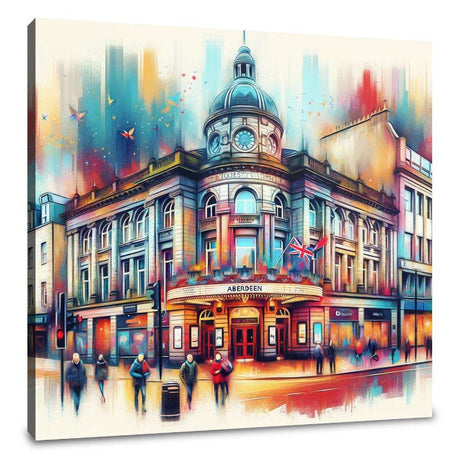 Vibrant Wall Art Canvas depicting a colourful street scene with an iconic theatre building