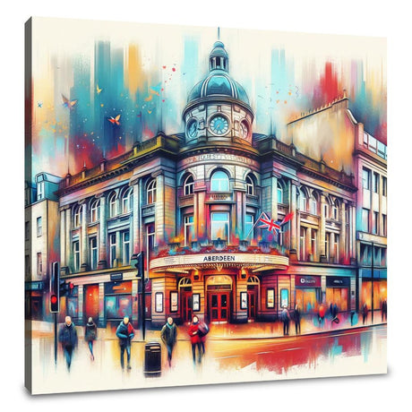 Vibrant Wall Art Canvas depicting a colourful street scene with an iconic theatre building