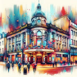 Vibrant wall art canvas featuring a lively street scene of Aberdeen with colourful buildings and people