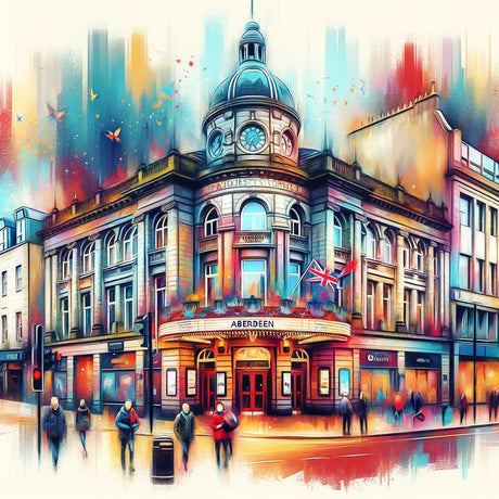 Vibrant wall art canvas featuring a lively street scene of Aberdeen with colourful buildings and people