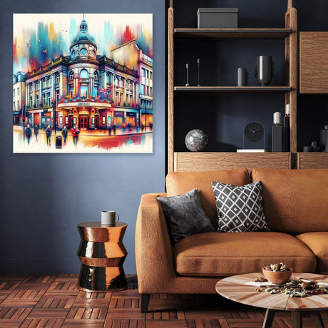 Vibrant Wall Art Canvas depicting a colourful cityscape above a stylish sofa in a modern living room