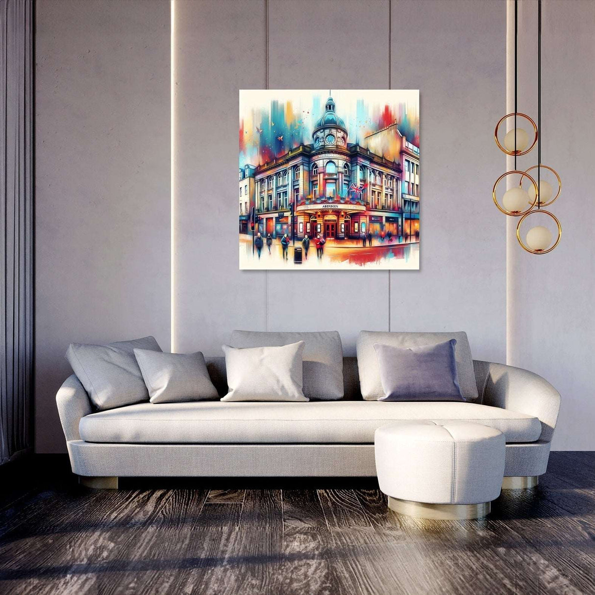 Vibrant Wall Art Canvas depicting a colourful city scene above a modern sofa in a stylish interior