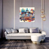 Vibrant Wall Art Canvas depicting a colourful city scene above a modern sofa in a stylish interior