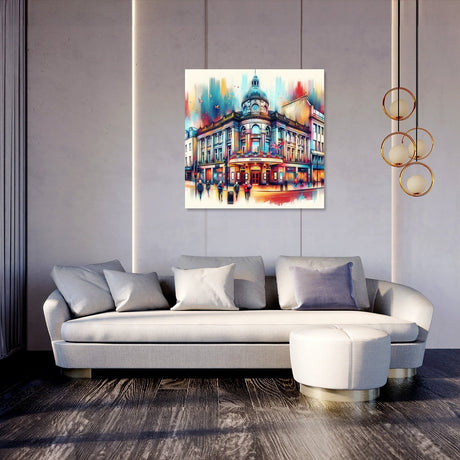 Vibrant Wall Art Canvas depicting a colourful city scene above a modern sofa in a stylish interior