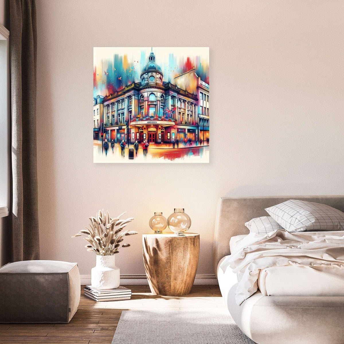 Vibrant Wall Art Canvas depicting a city building with colourful abstract details, perfect for modern home decor