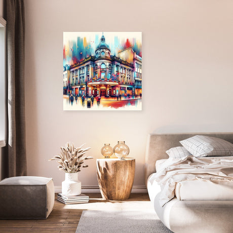 Vibrant Wall Art Canvas depicting a city building with colourful abstract details, perfect for modern home decor