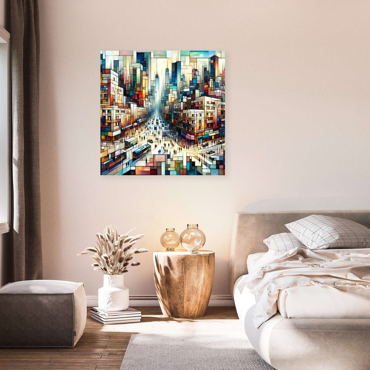 Abstract cityscape Wall Art Canvas in vibrant colours, enhancing modern bedroom decor