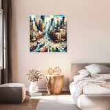 Abstract cityscape Wall Art Canvas in vibrant colours, enhancing modern bedroom decor