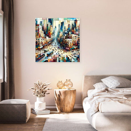 Abstract cityscape Wall Art Canvas in vibrant colours, enhancing modern bedroom decor