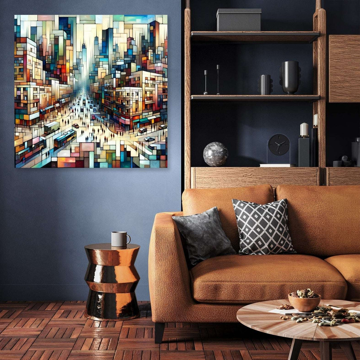 Stylish Wall Art Canvas featuring a vibrant cityscape in a modern living room setting