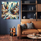 Stylish Wall Art Canvas featuring a vibrant cityscape in a modern living room setting