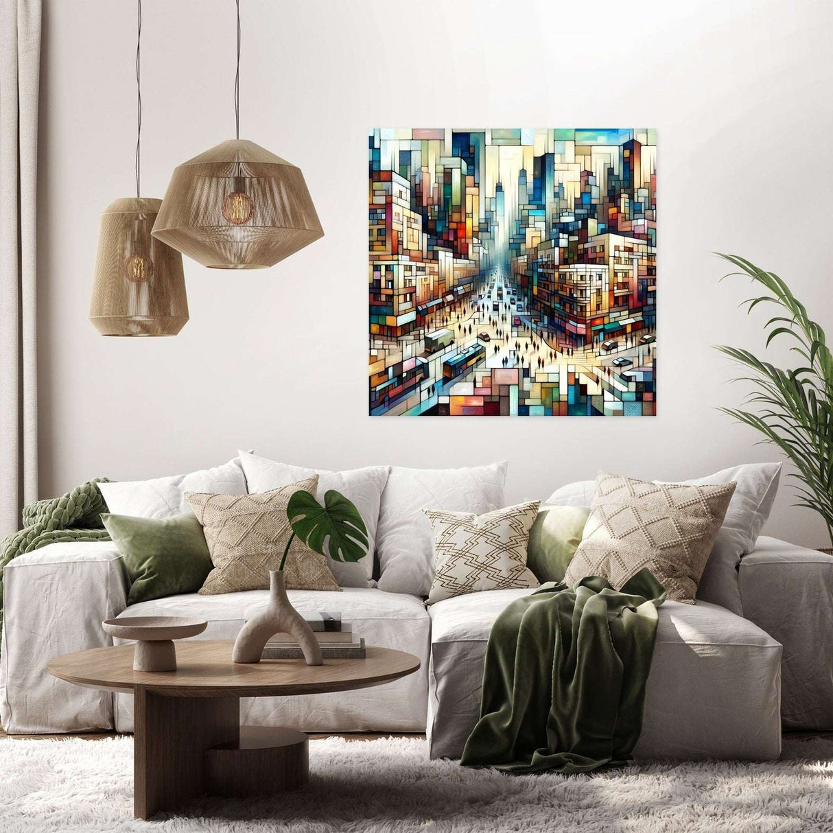 Vibrant Wall Art Canvas featuring a bustling cityscape scene above a stylish sofa