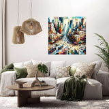 Vibrant Wall Art Canvas featuring a bustling cityscape scene above a stylish sofa