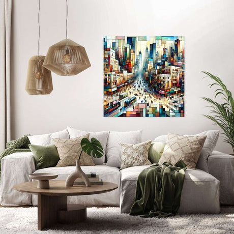 Vibrant Wall Art Canvas featuring a bustling cityscape scene above a stylish sofa