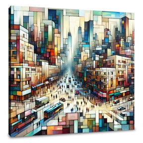 Colourful abstract cityscape Wall Art Canvas showing vibrant buildings and busy streets