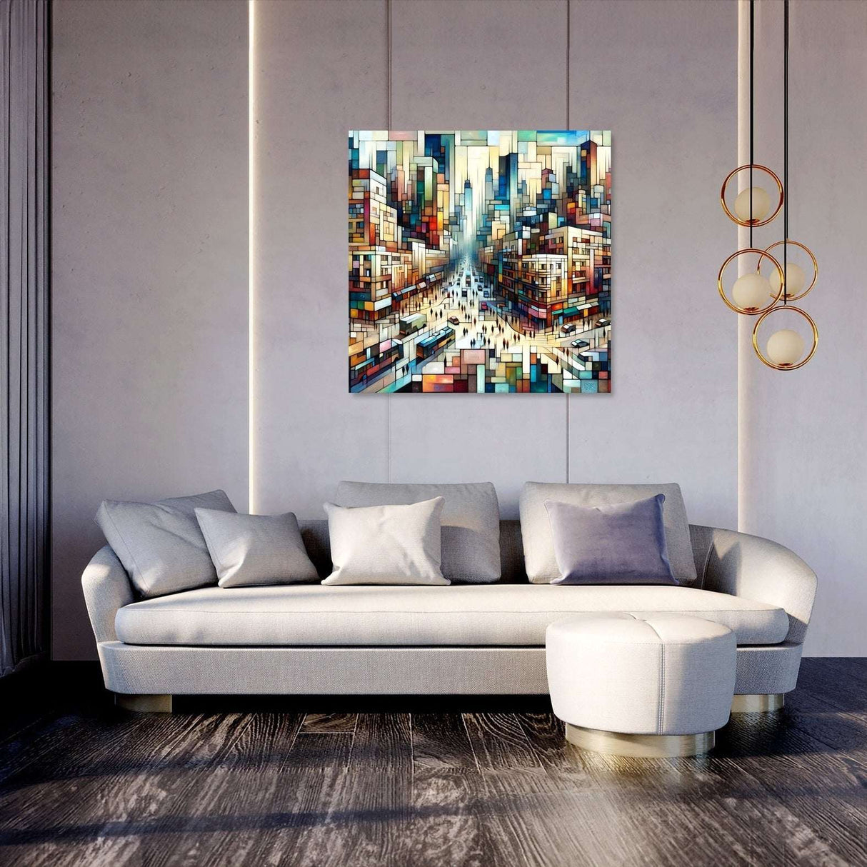 Contemporary Wall Art Canvas featuring a vibrant cityscape design above a modern sofa