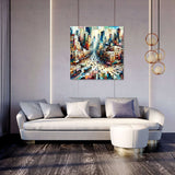 Contemporary Wall Art Canvas featuring a vibrant cityscape design above a modern sofa